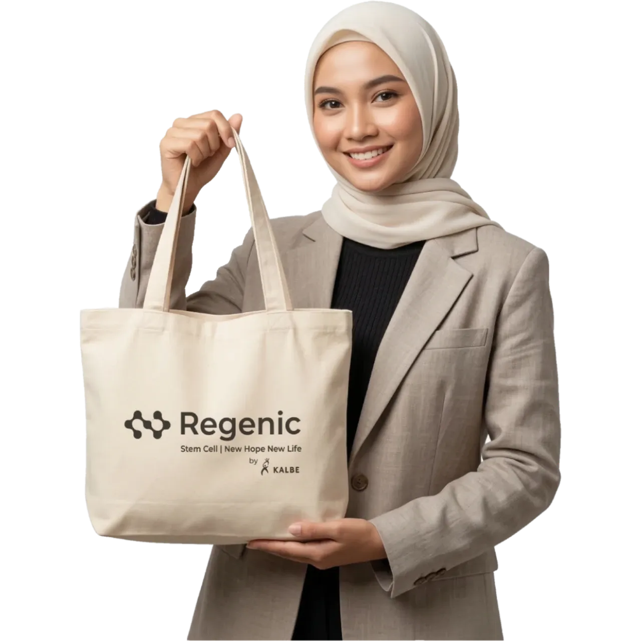 Model memegang tote bag custom Bikinbag