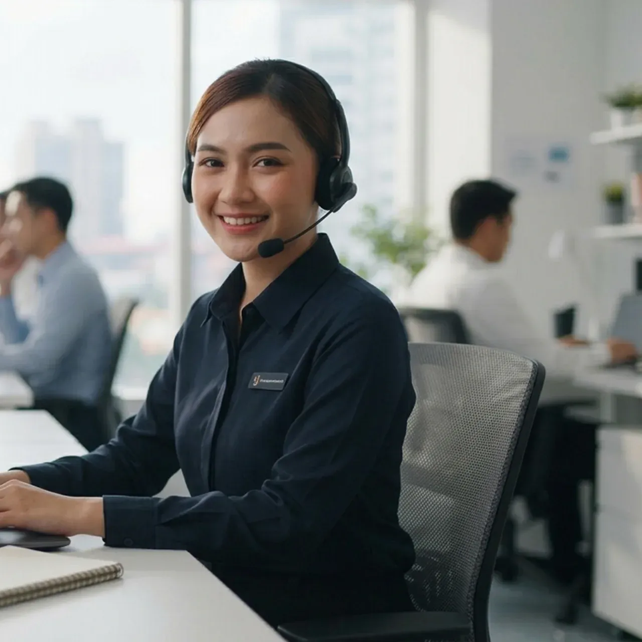 Staf admin dengan headset melayani pertanyaan pelanggan di meja kerja
