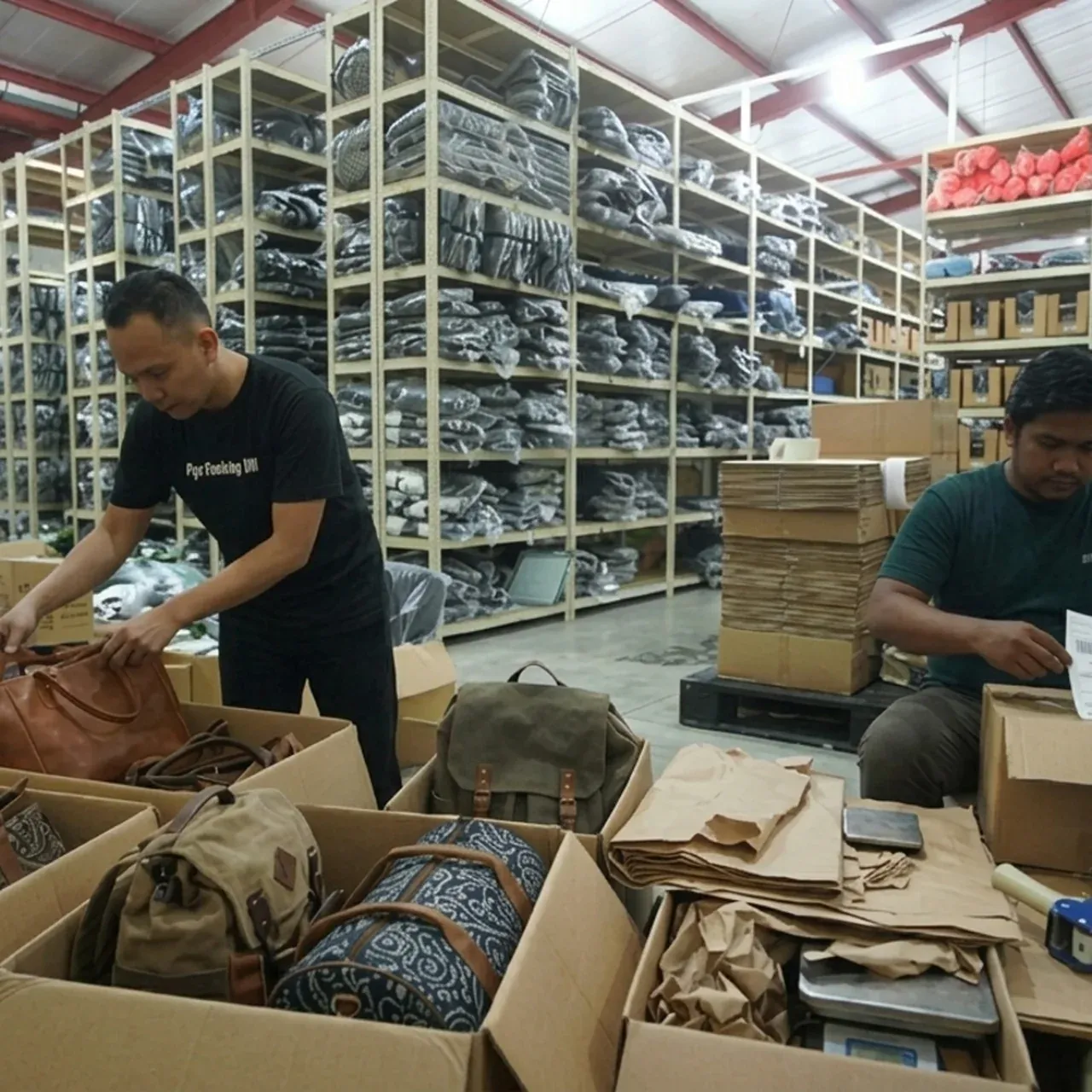 Pekerja mengemas tas ke dalam kardus di gudang pengiriman