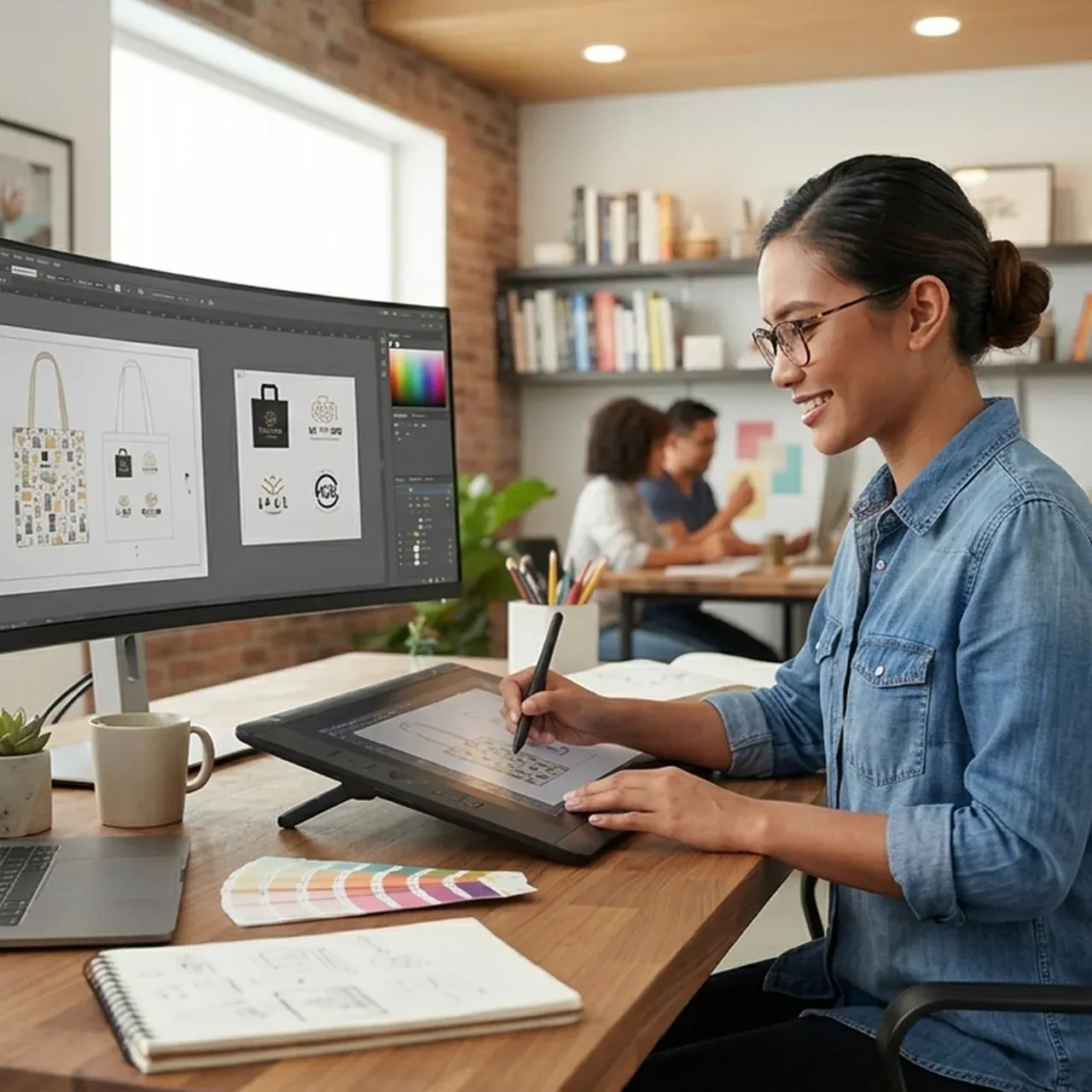 Desainer menggambar mockup tote bag di layar dan pen tablet